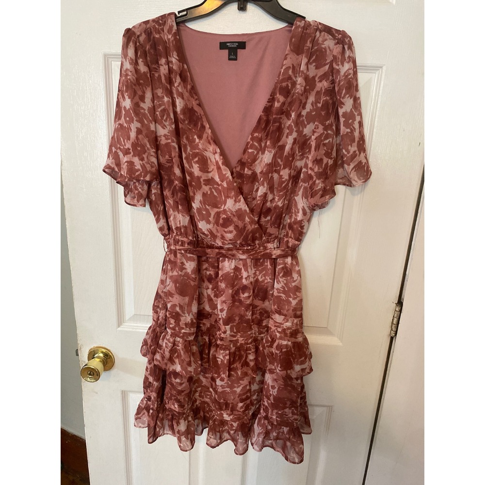 Simply Vera Vera Wang Mauve Floral Faux Wrap Tiered Ruffle Mini Dress Large